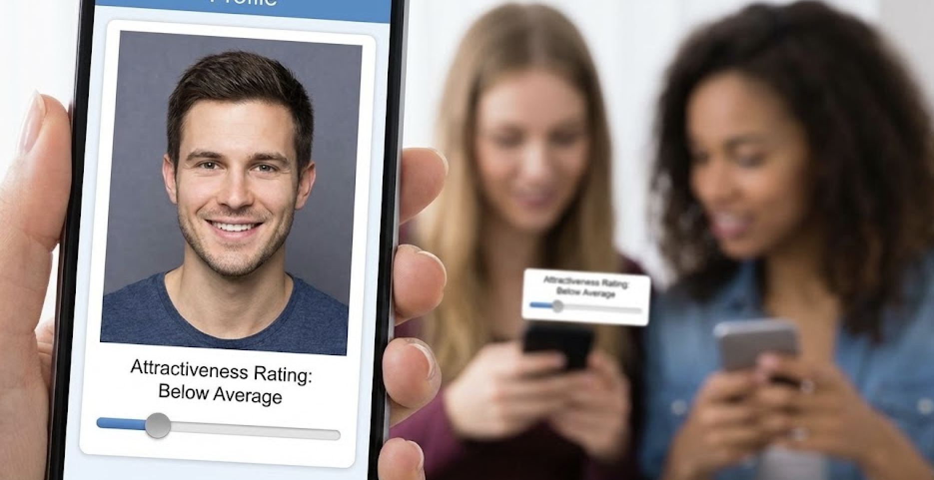 A phone display shows a man's face with an attractiveness rating slider set to "below average", while two blurred women hold phones.