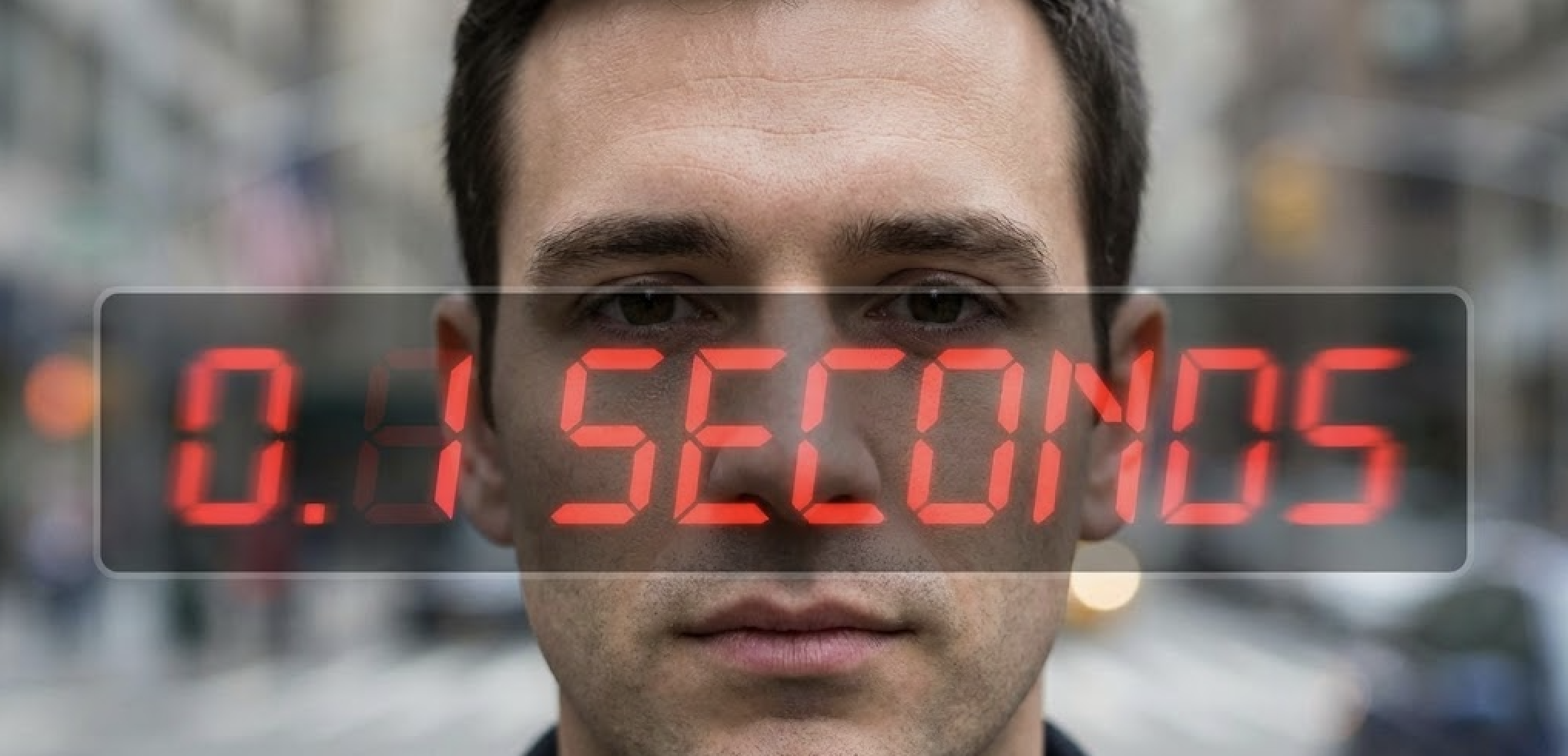 A man's face is shown with "0.1 SECONDS" displayed over his eyes.