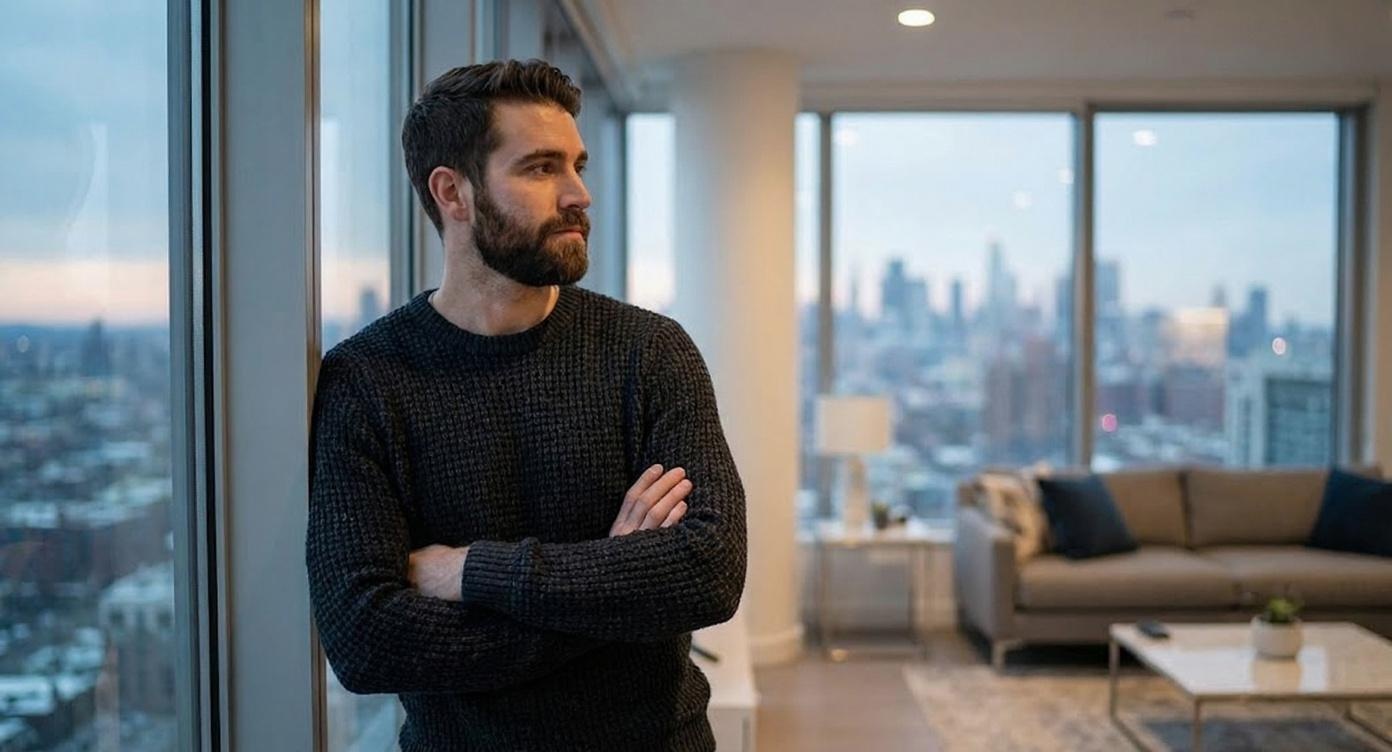 A handsome man with a beard stands with arms crossed looking out a window with a cityscape view.