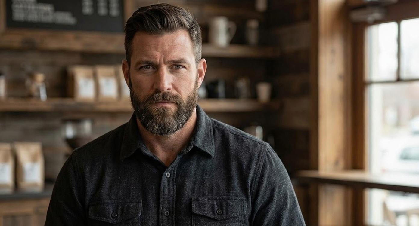 A man with a beard and dark shirt poses in a rustic cafe.
