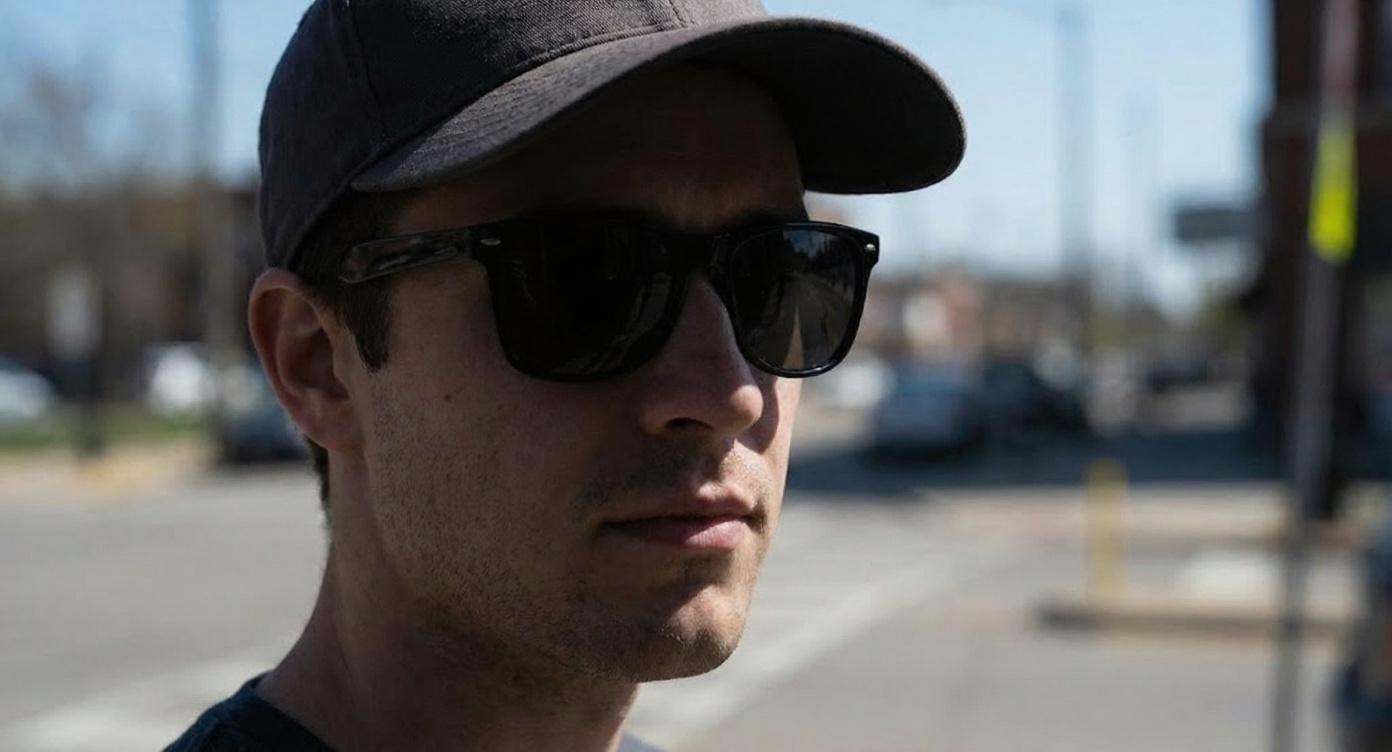 A fair-skinned man wears a cap and sunglasses outside in sunlight.