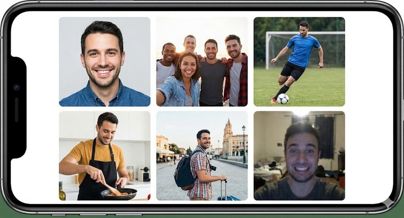 This smartphone screen displays a collage of photos portraying diverse activities and gatherings.