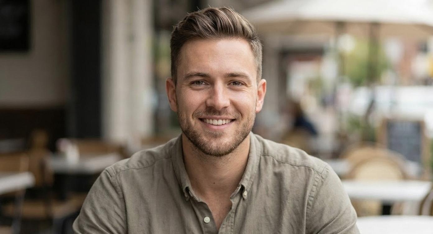 A man smiles at the viewer while wearing a buttoned shirt in an outdoor setting.