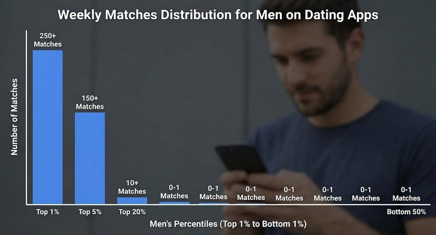 The image shows a bar graph presenting an unequal distribution of dating app matches for men.