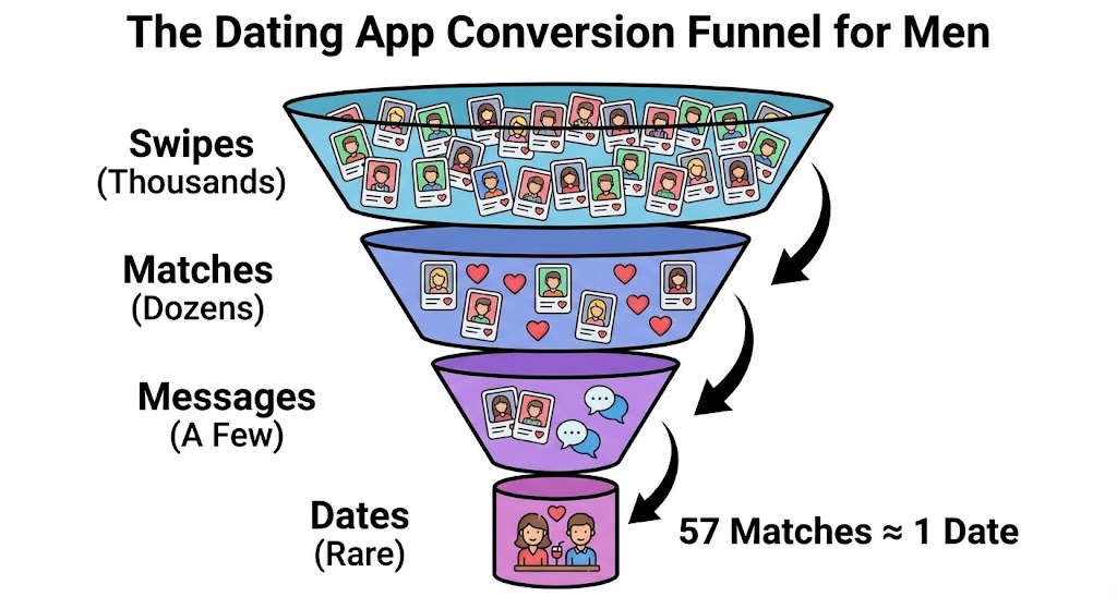 A funnel diagram visually represents dating app user interactions, showing "swipes" filtering down to "dates" with very low conversion.