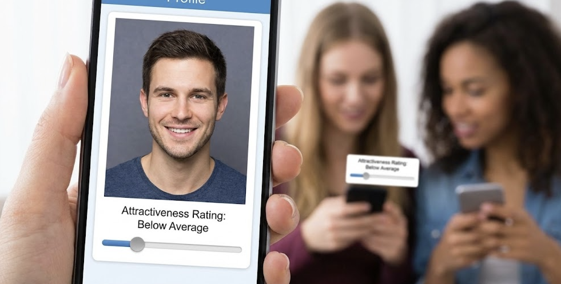 Two women are on their phones, appearing to rate a man's dating profile as "below average".