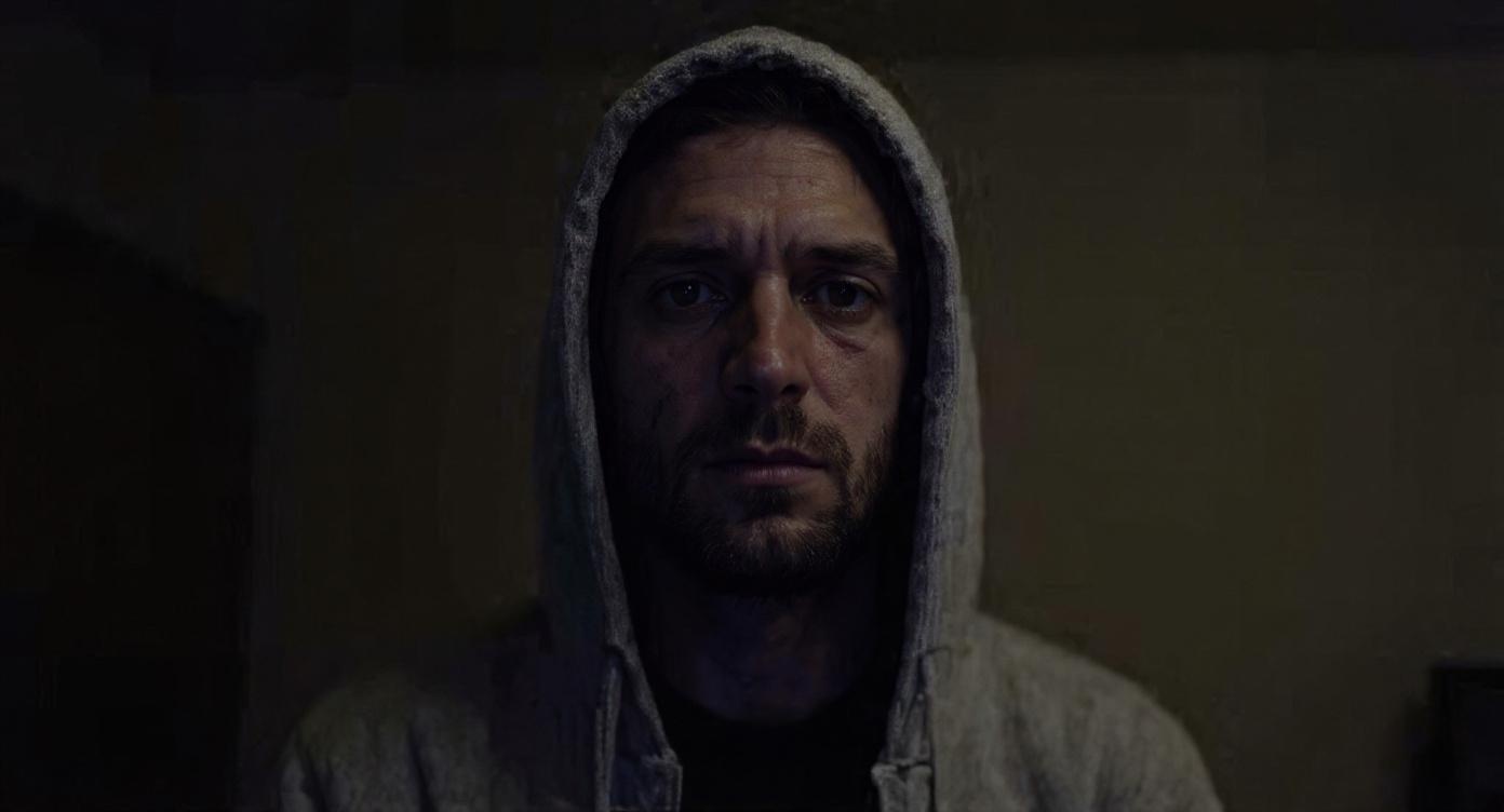 A dark shot shows a man wearing a grey hooded sweatshirt looking forward with scratches on his face.