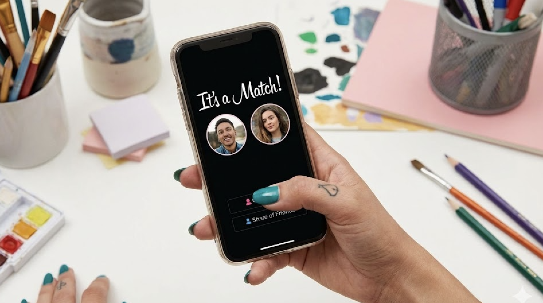 A hand holds a phone showing an "It's a Match!" screen with two profile photos.