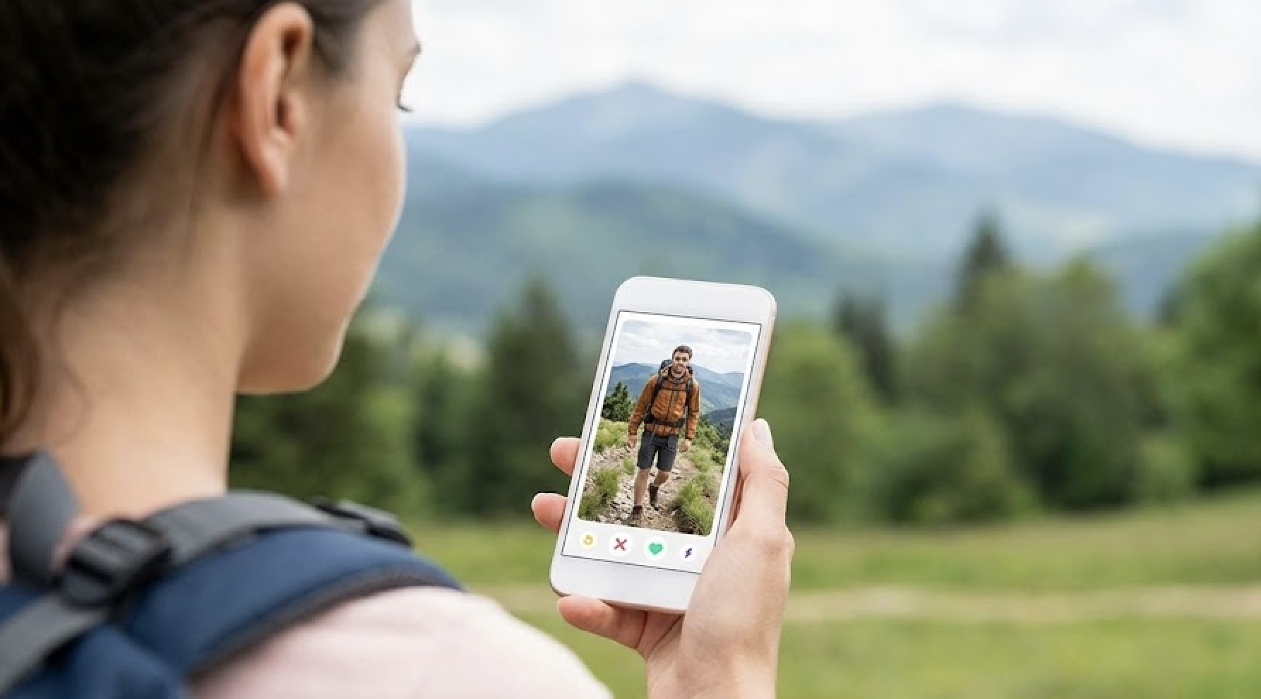 A woman looks at a dating app featuring a man hiking near mountains.