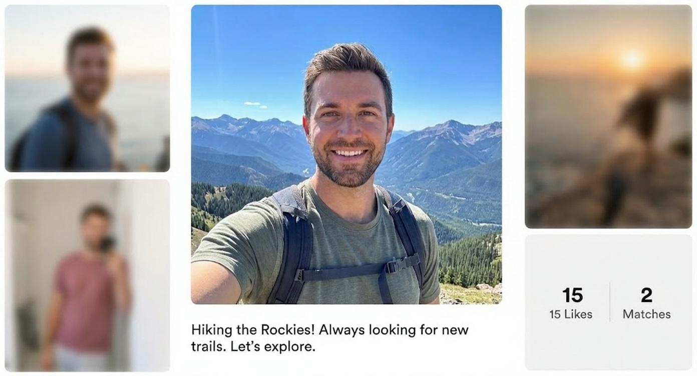 A smiling man shares travel pictures including a rocky mountain vista and sunset in his dating app profile.