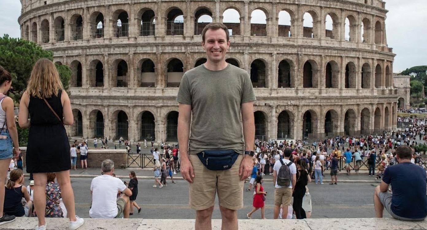 A smiling man with a fanny pack stands in front of the Colosseum amongst other tourists.