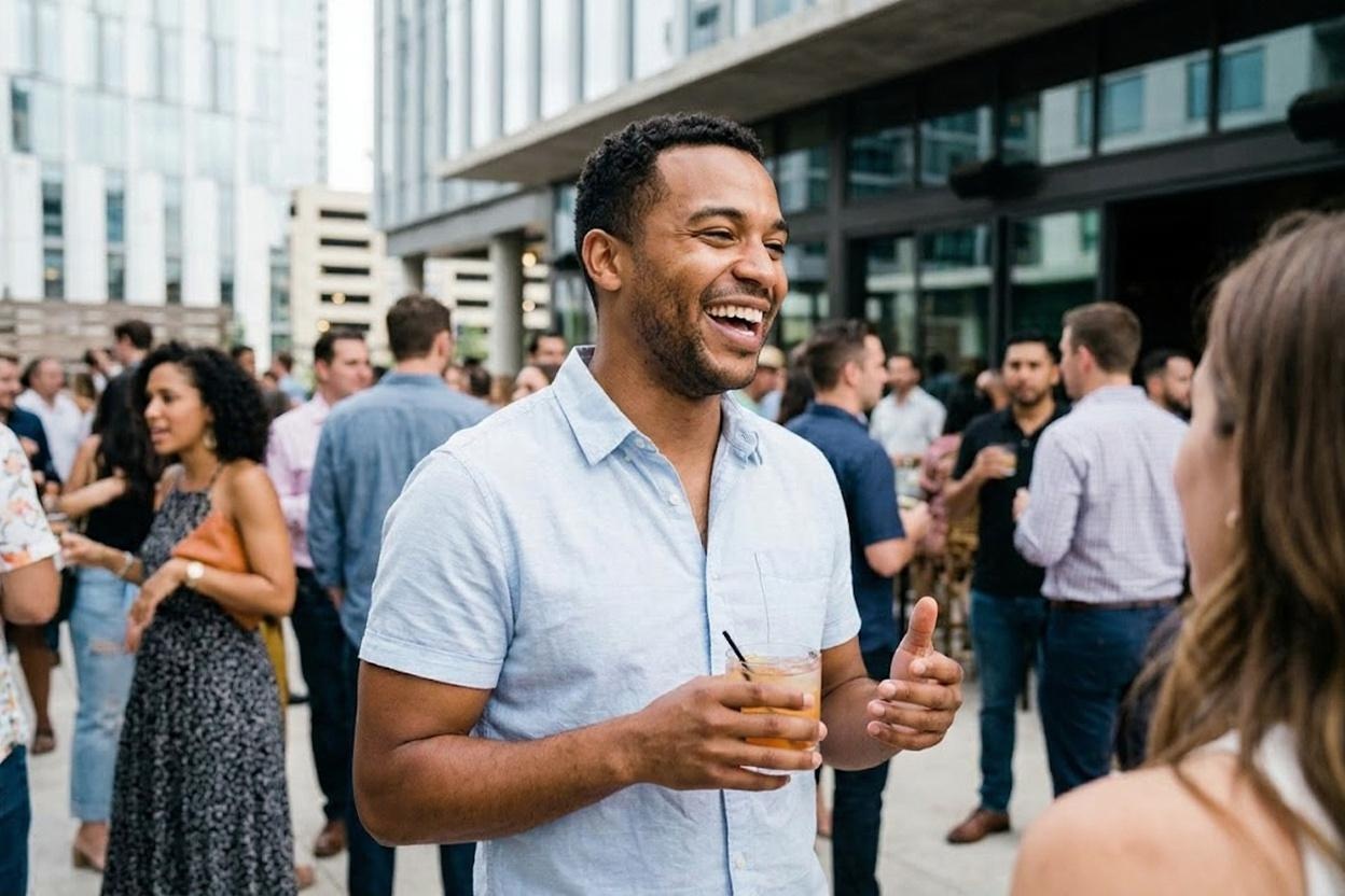 A smiling man with a drink converses with another person at an outdoor gathering.