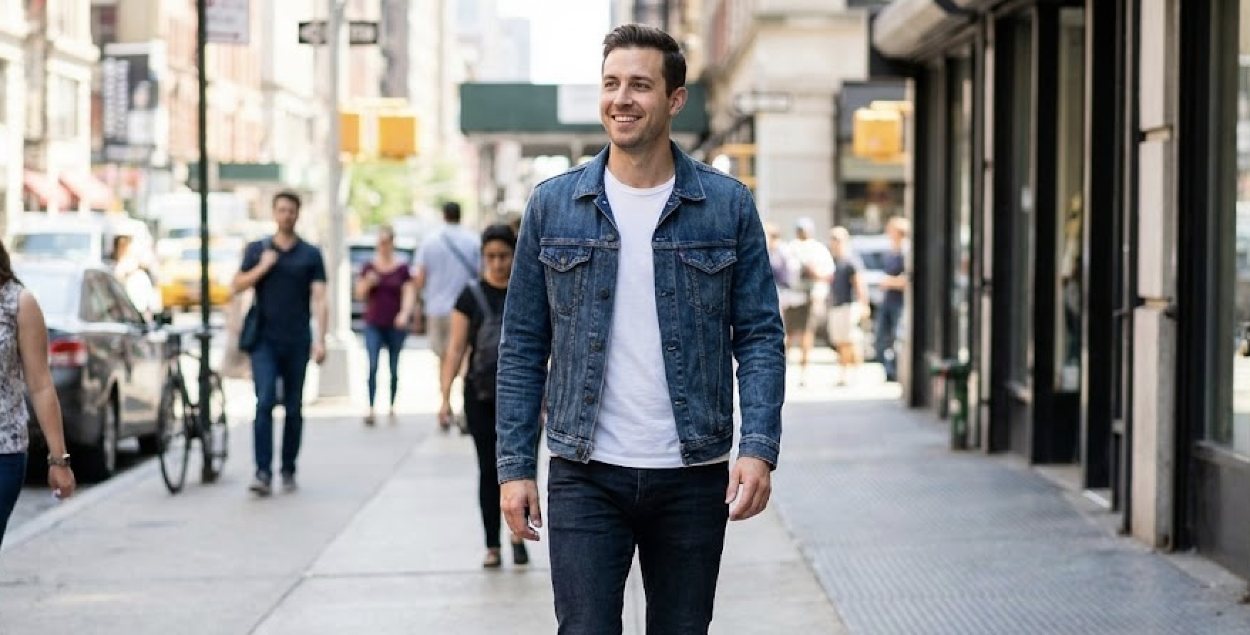 A smiling man in a denim jacket walks down a city sidewalk among other pedestrians.