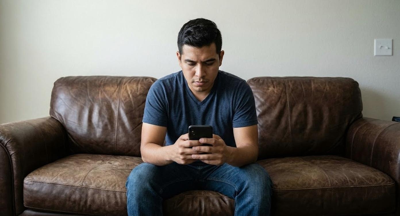 A man sits on a brown leather couch while looking at his mobile phone.