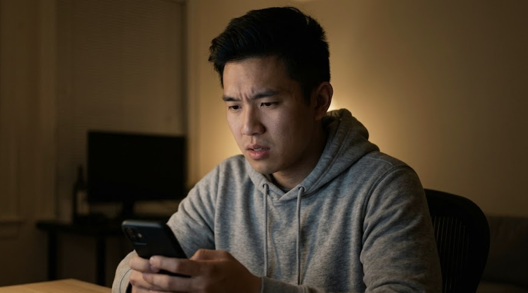 A person in a gray hoodie looks at a phone with a puzzled expression.