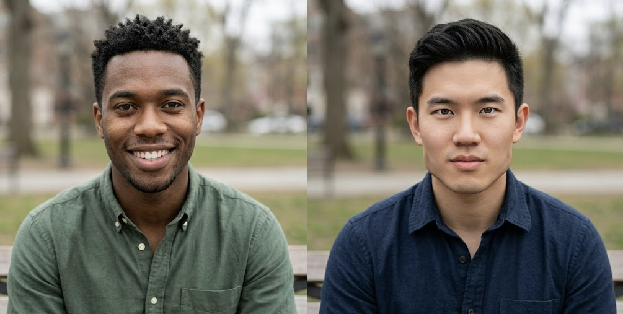 The image shows side-by-side portraits of two young men in collared shirts outside.