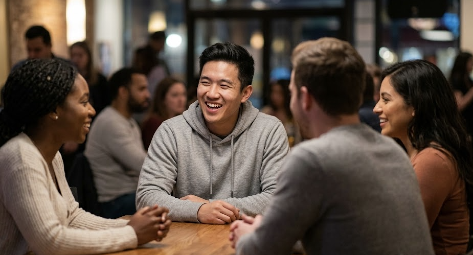 A group of diverse young adults are sitting around a wooden table smiling and in conversation.