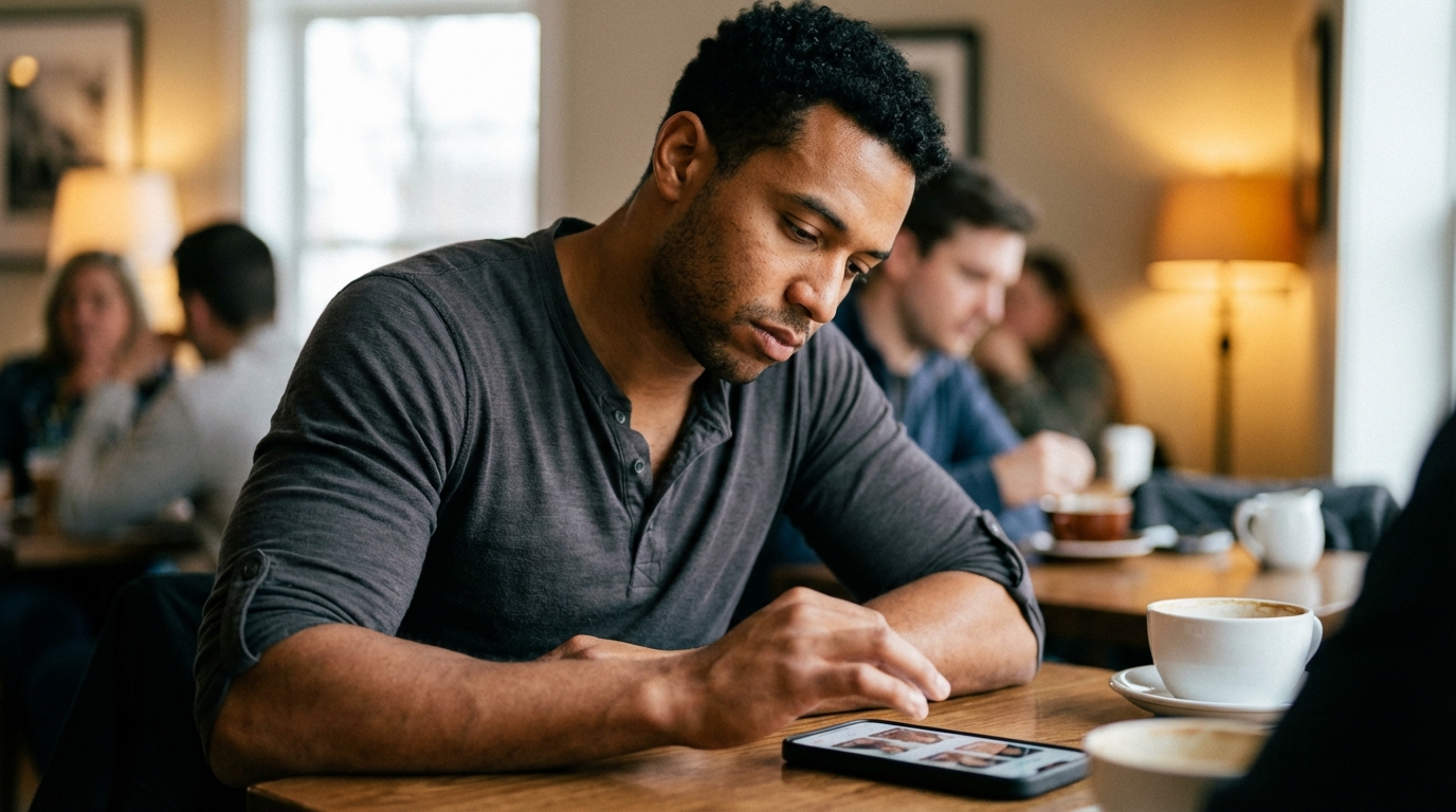 An African American man sits at a cafe table scrolling through his phone.
