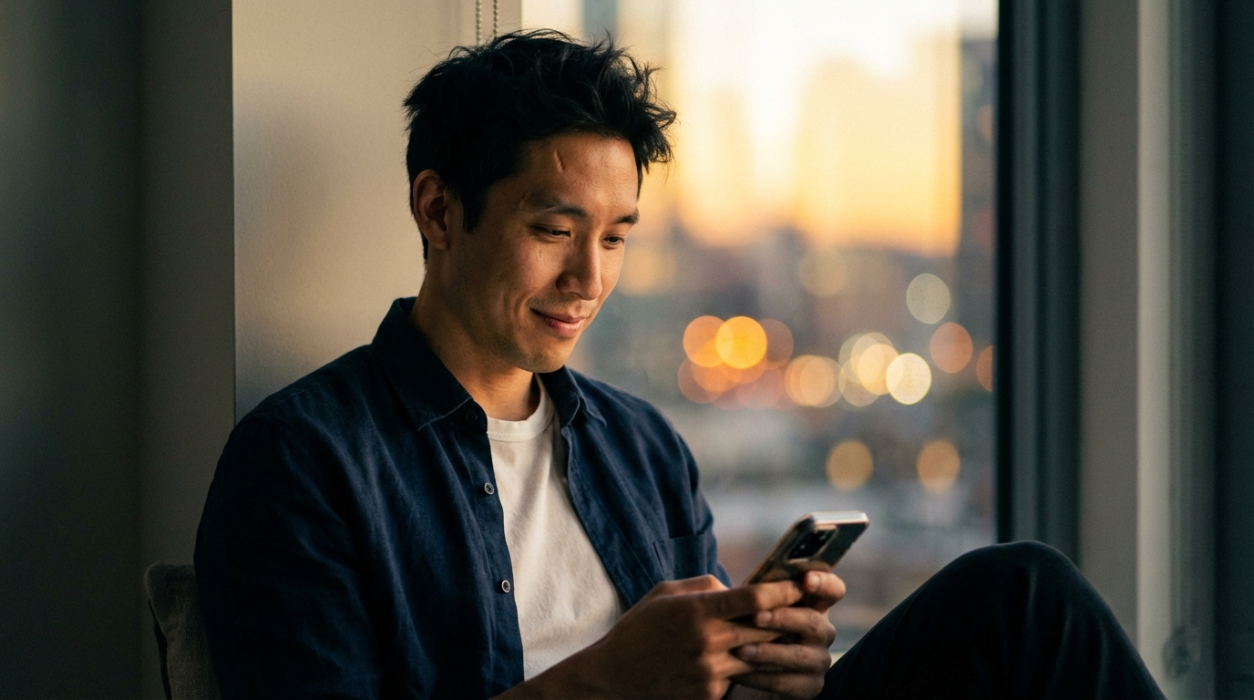 A smiling Asian man looks at his cell phone with city lights behind.