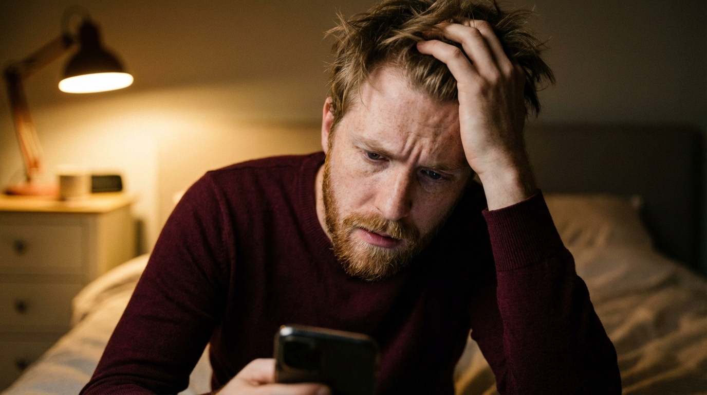 A man in a burgundy sweater looks worriedly at his phone with his hand in his hair.
