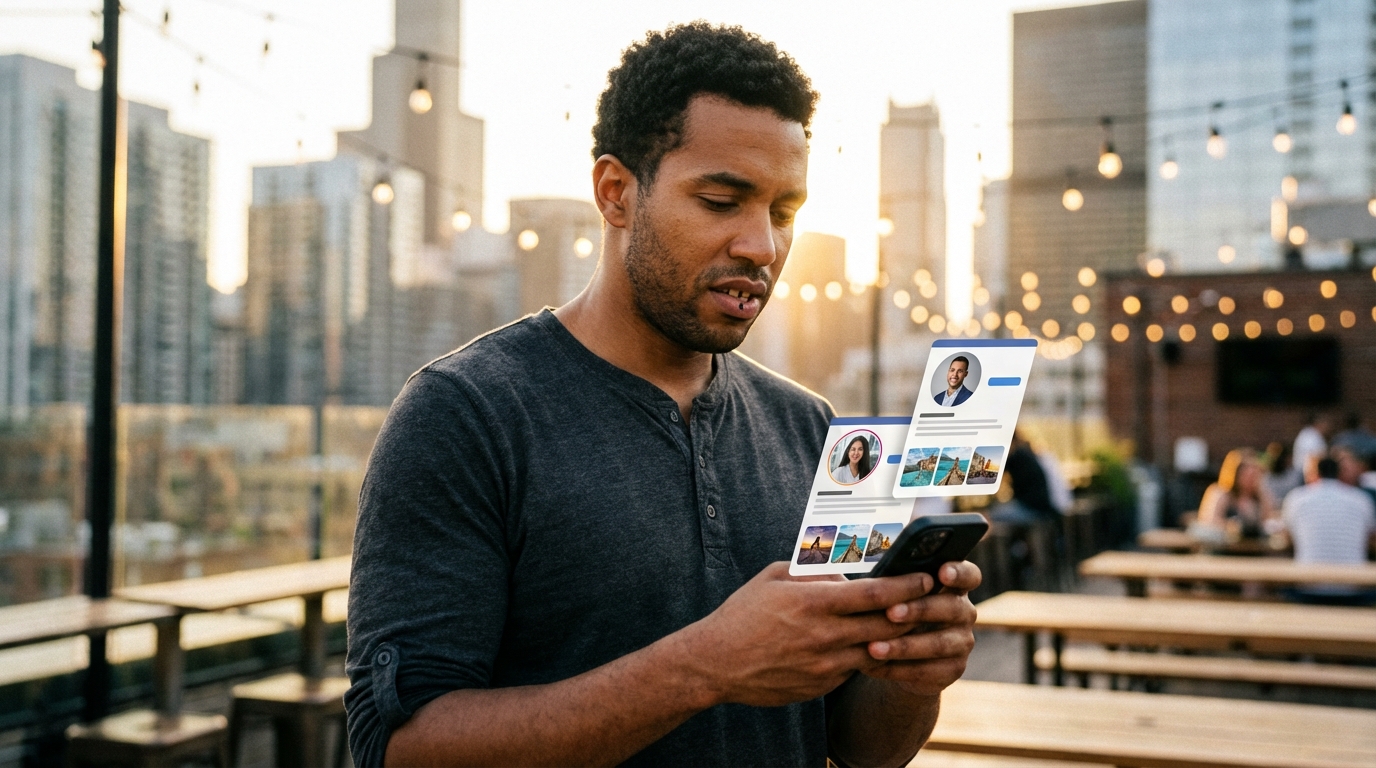 A man on a rooftop uses a phone displaying floating social media profiles.
