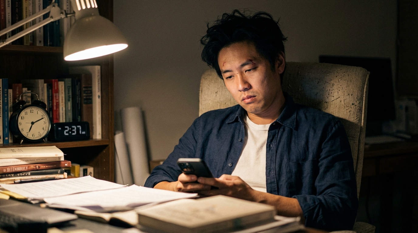A man sits at a desk with an alarm clock, books, papers, and a laptop looking at his phone.