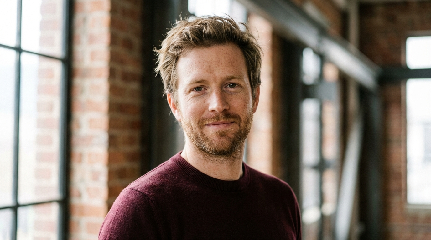 A person with reddish hair and freckles smiles in front of windows and brick walls.