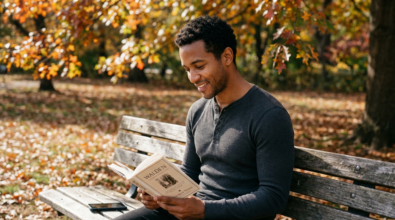 The photo shows a man sitting on a park bench reading a book in the fall.