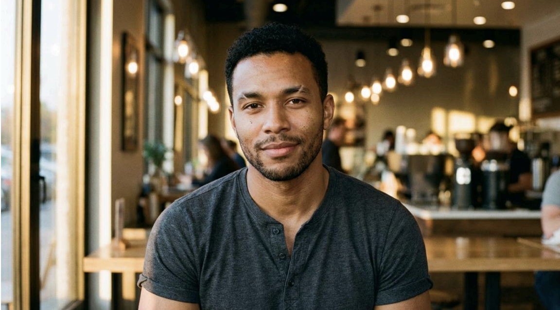 Portrait of a man with a beard smiling in a brightly lit café with tables and lights.