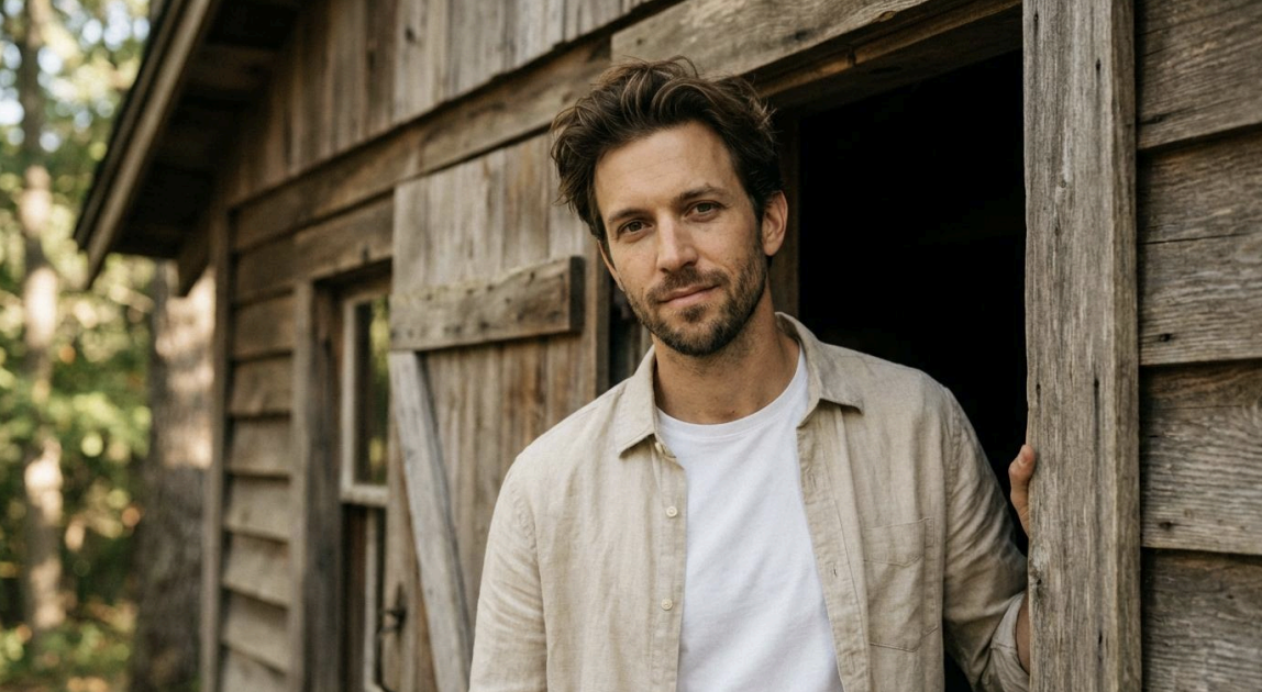 A fair-skinned man with brown hair stands smiling at a wooden barn door.