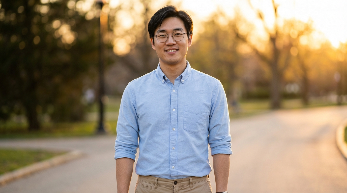 A smiling Asian man with glasses poses on a sunlit tree-lined path.