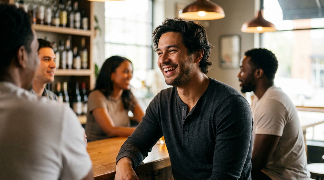 Five diverse people gather at a bar, smiling and talking to each other.