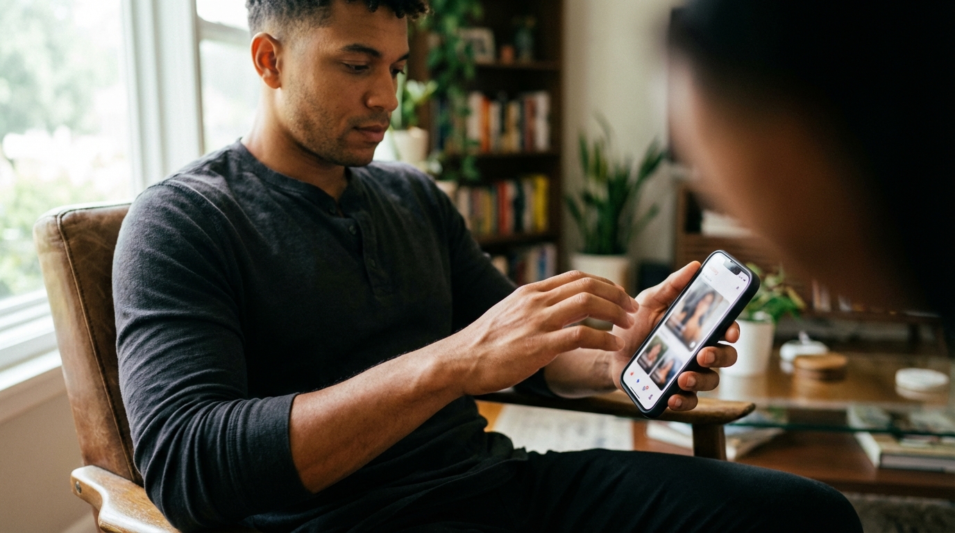 A man sits in a leather chair looking at a dating app on his phone.