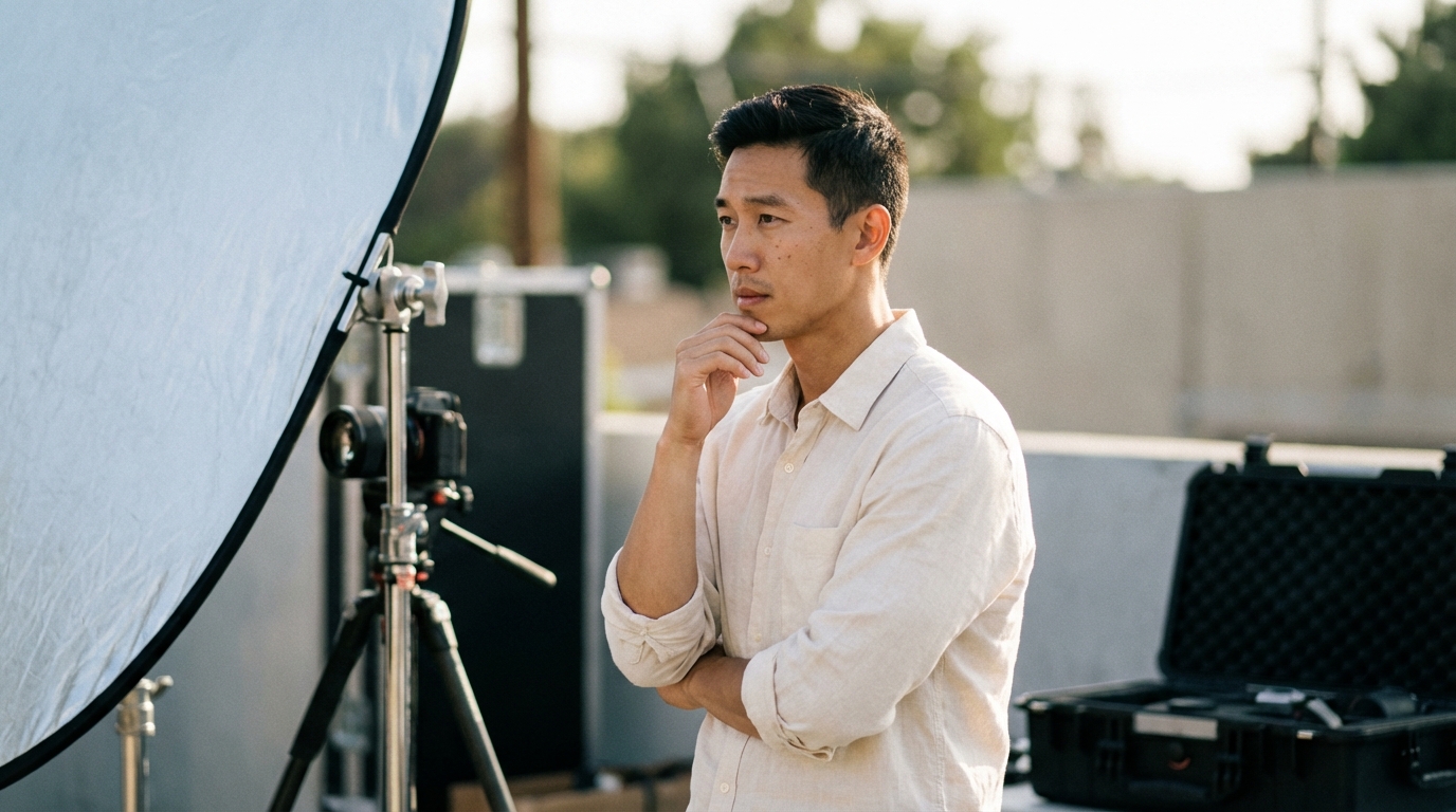 A man with his hand on his chin is standing near filmmaking equipment.