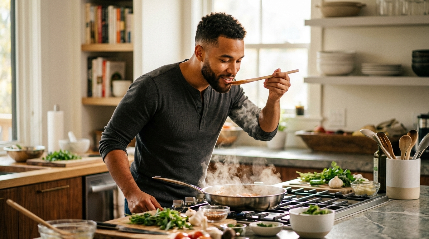 A man in a kitchen tastes food from a pan on the stove.