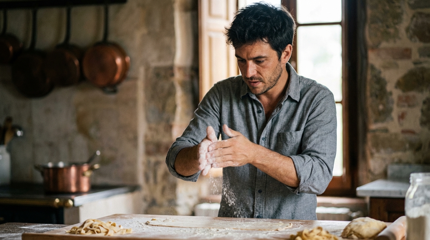 A man in a rough shirt is floured hands as he makes pasta in a kitchen.