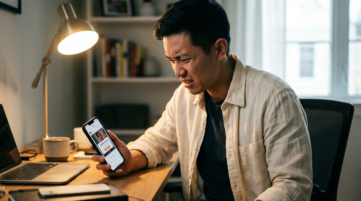 Asian man at home office looking at phone with frustrated facial expression.