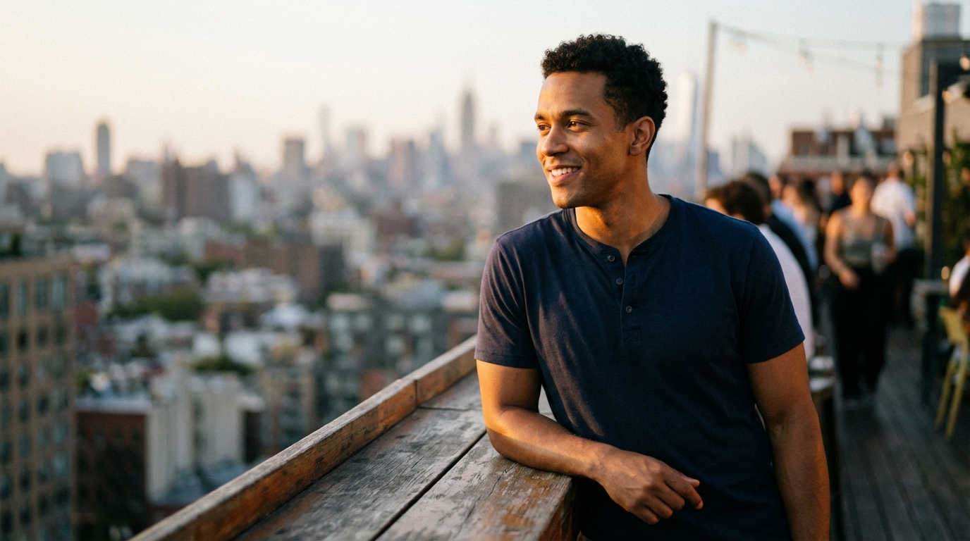 A smiling man leaning on a wooden railing gazes at the skyline on a rooftop.