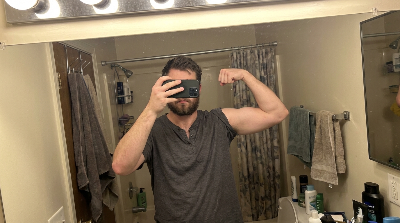 A bearded man takes a flexing selfie in a mirror in their bathroom.
