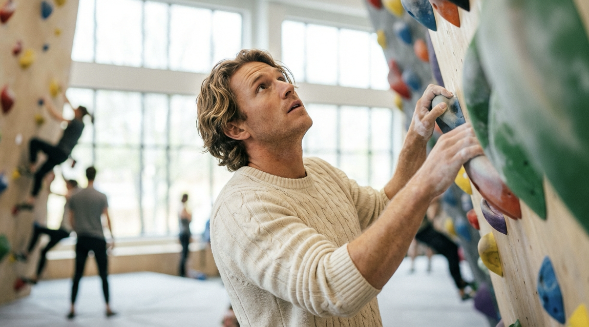 A man scale a climbing wall with colorful holds in a bright climbing gym.