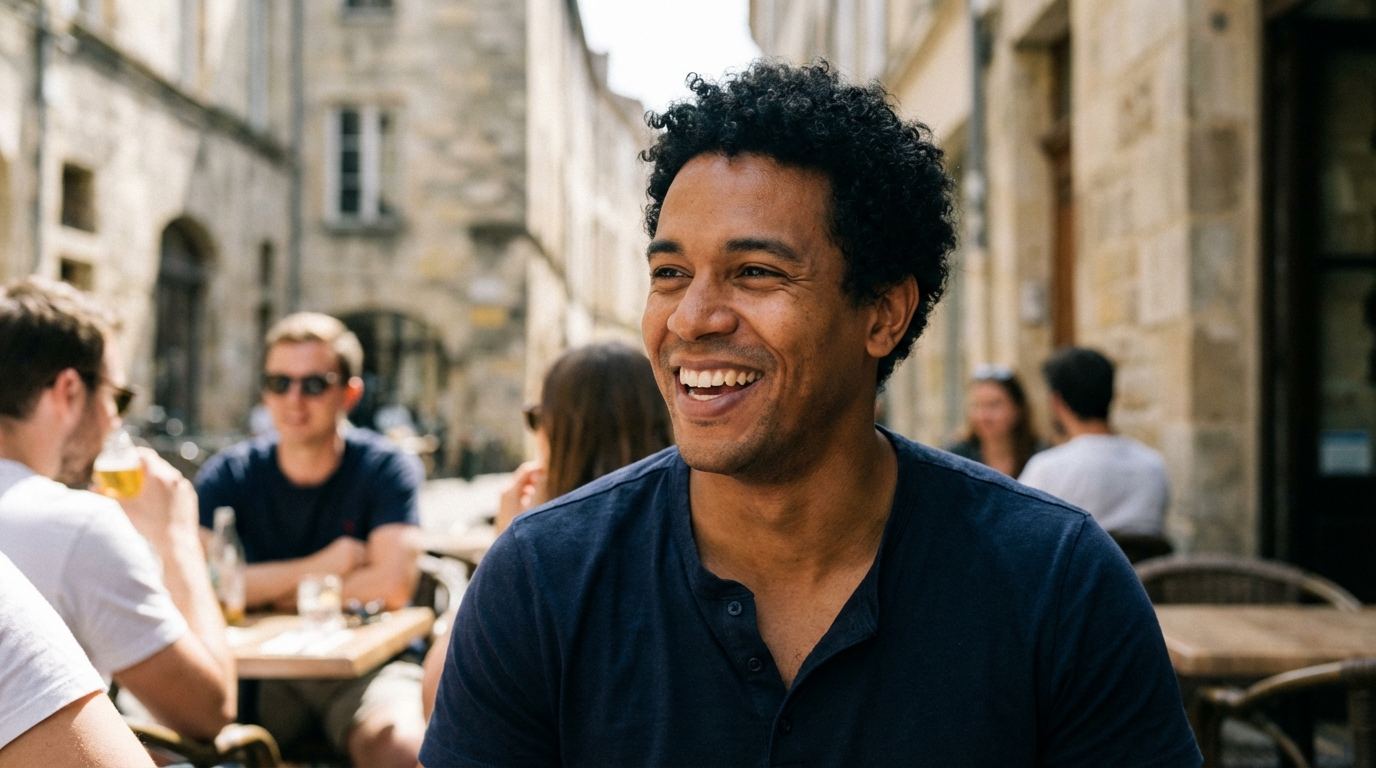 A dark-haired man smiles in focus at an outdoor cafe with blurred patrons in the background.