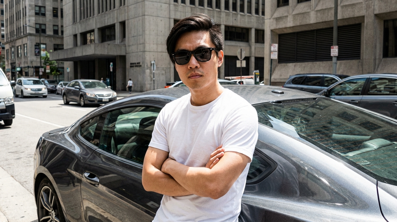 A confident man with sunglasses stands crossed-arms against the trunk of a gray car on a city street.