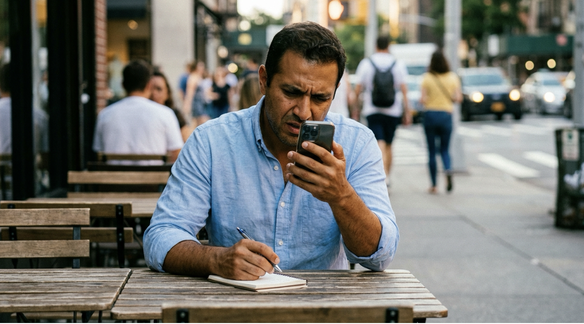 A man sits at an outdoor table looking at his phone while holding a pen.
