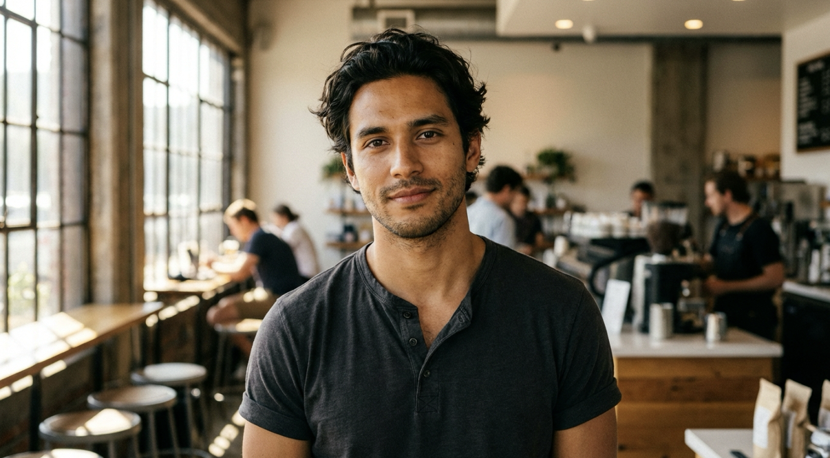 A man with dark hair and a henley shirt stands in a busy coffee shop.