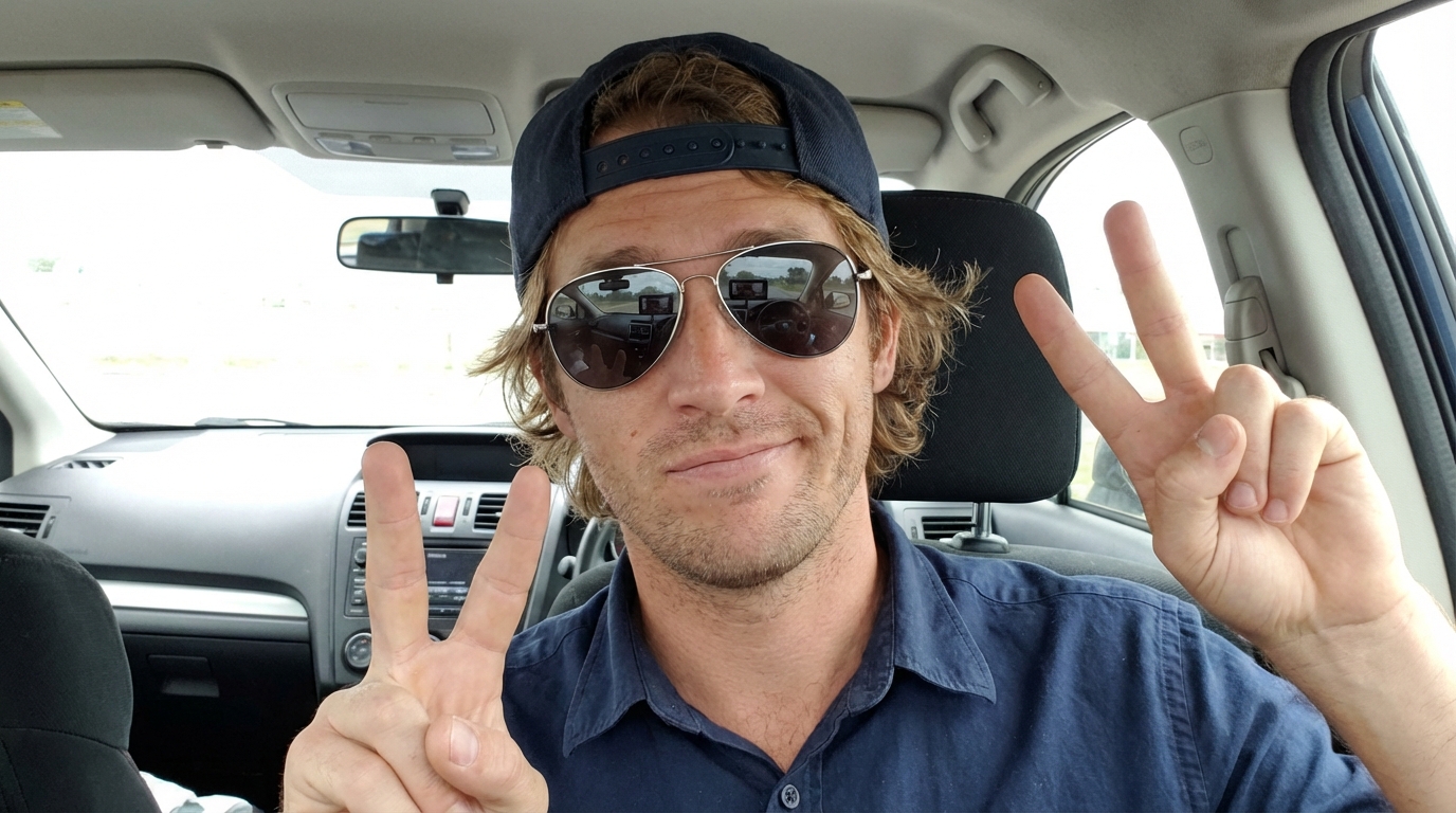 A man wearing sunglasses and a baseball cap sits in his car holding up two peace signs.