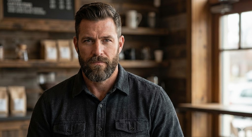 A bearded man in a gray shirt poses in front of coffee shop shelving.
