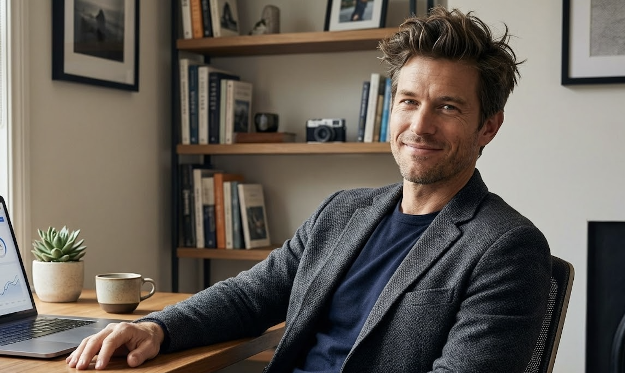 A smiling man sits at a desk with a laptop and bookshelf in the background.