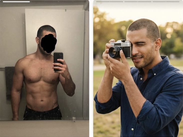 Two images show a man taking a mirror selfie and then taking a picture with an old camera.