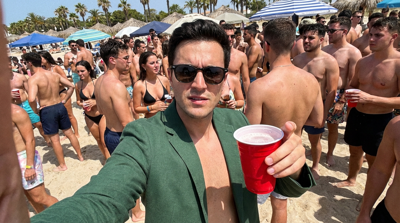 A man in a blazer holds a drink on a crowded beach.