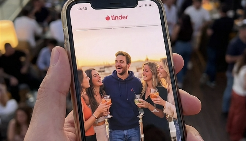 A hand holding a smartphone displays a Tinder profile with a laughing man and four laughing women.